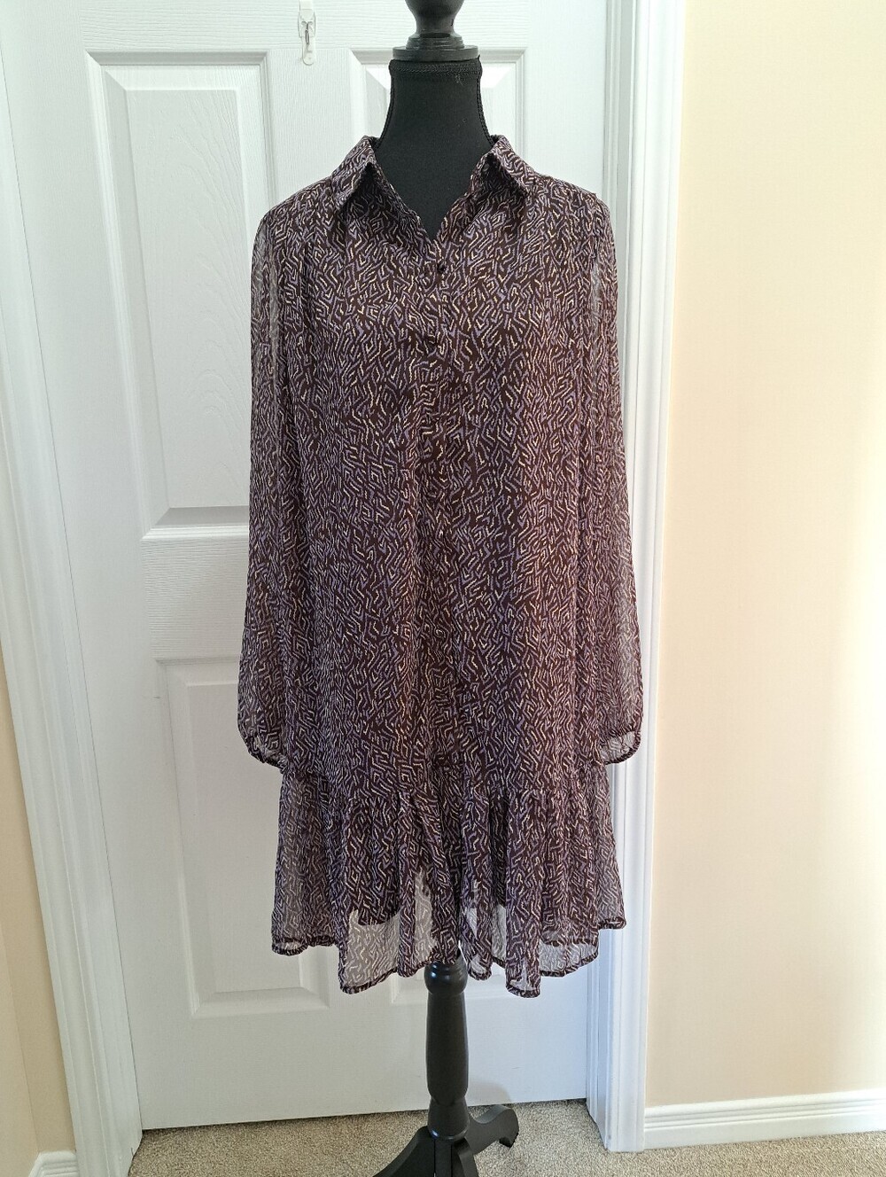 Vero Moda Sheer Long Sleeve Patterned Tunic Dress Size Medium Sheer Abstract